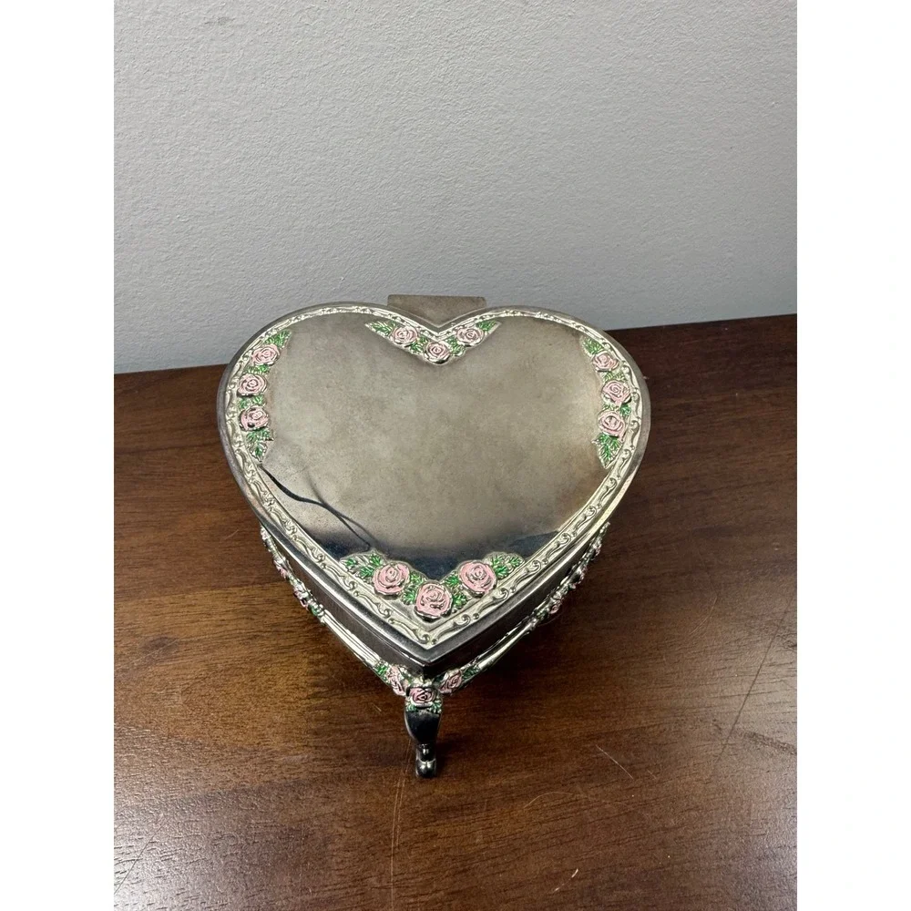Vintage Heart Shaped Jewelry Box Silver Tone Pink Enamel Roses Footed Trink Box